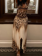Leopard Print Halter Maxi Dress Backless Sleeveless