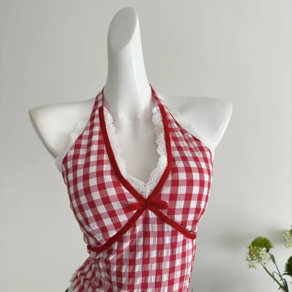 Halter Neck Bow Plaid Crop Top With Shirred Back For Women Cute Fashion Blouse