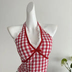 Halter Neck Bow Plaid Crop Top With Shirred Back For Women Cute Fashion Blouse