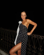 Cute Dot Design One Shoulder Bikini Set With Long Sleeve Backless Hollow Out Sheer Skirt