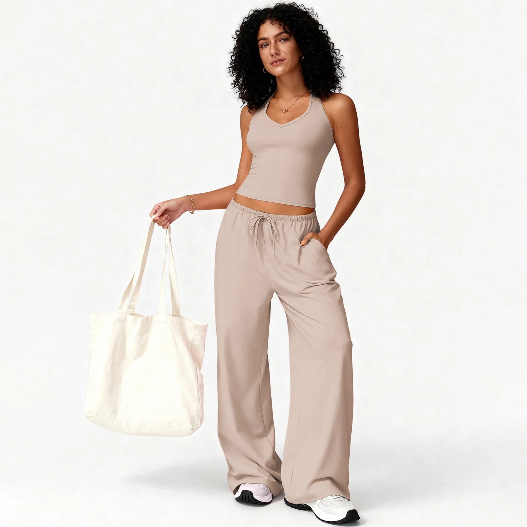 Two Piece Set With Sleek V Neck Tank Backless Detail And Wide Leg Pants