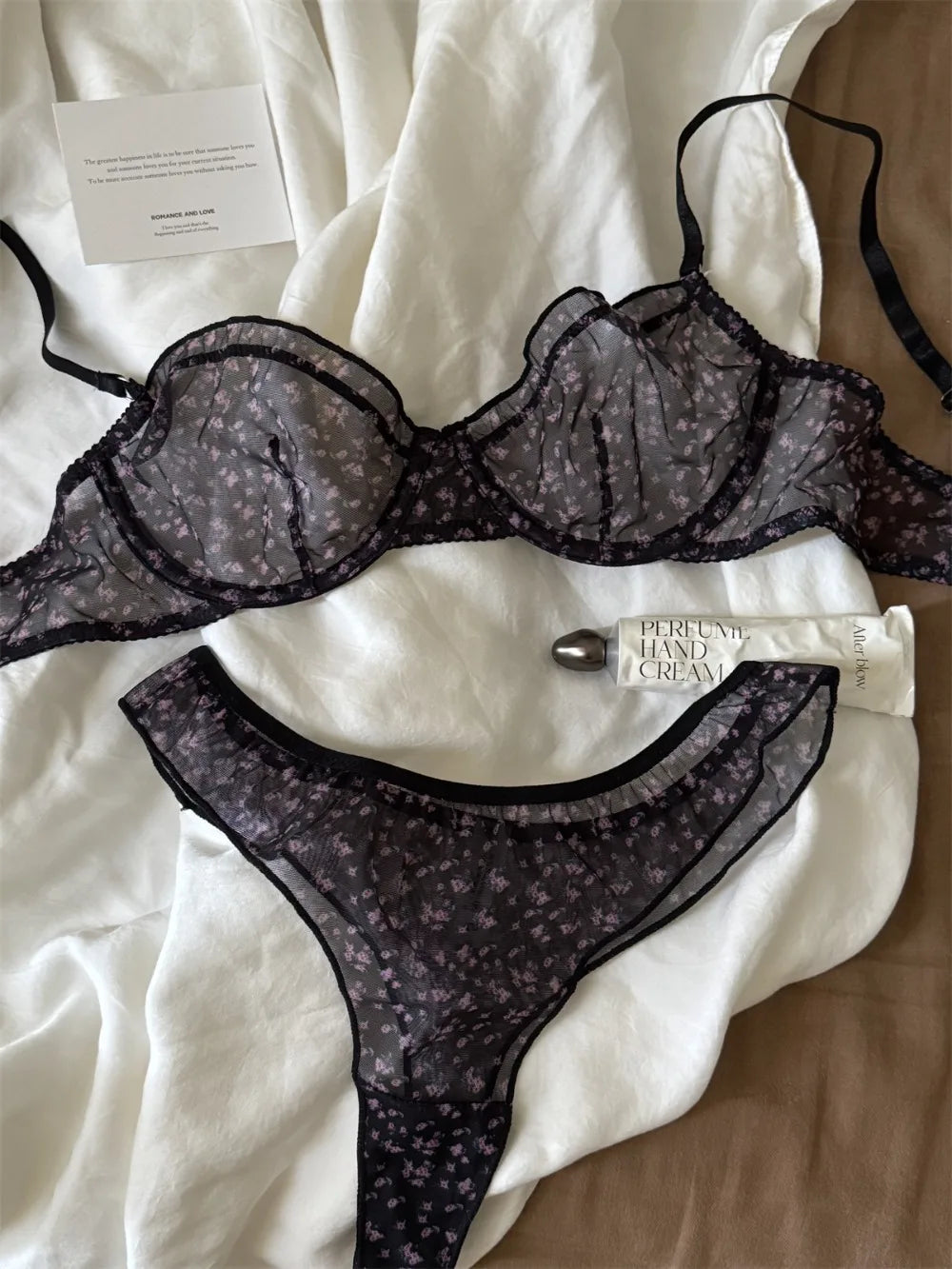 French Ultra Thin Lace Floral Lingerie Set With Plunge Mesh Bra And Matching Thong