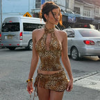 Leopard Print Halter Neck Crop Top With Lace Up Details And Backless Design