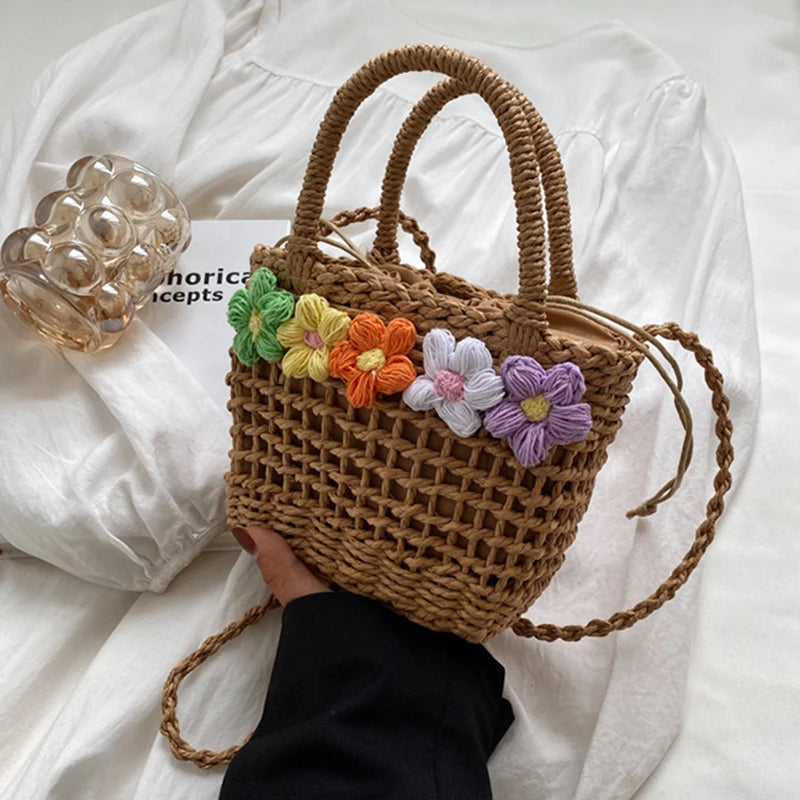 Straw Woven Shoulder Bag With Floral Details