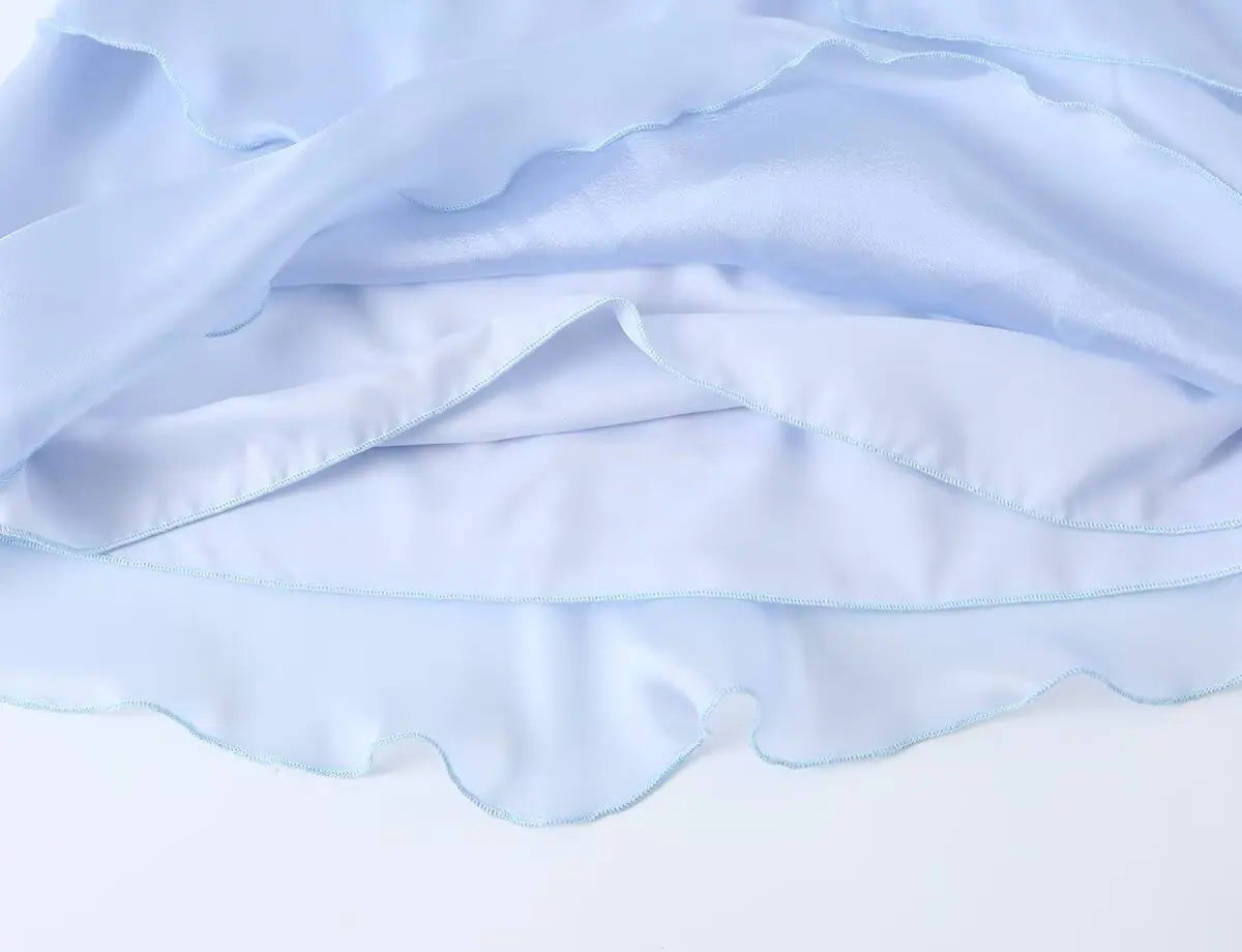 Dreamy Light Blue Halter Backless Mini Dress With Tiered Ruffle Accents
