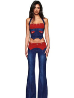 L Corduroy Panel Denim Halter Bustier Top + Flare Jeans