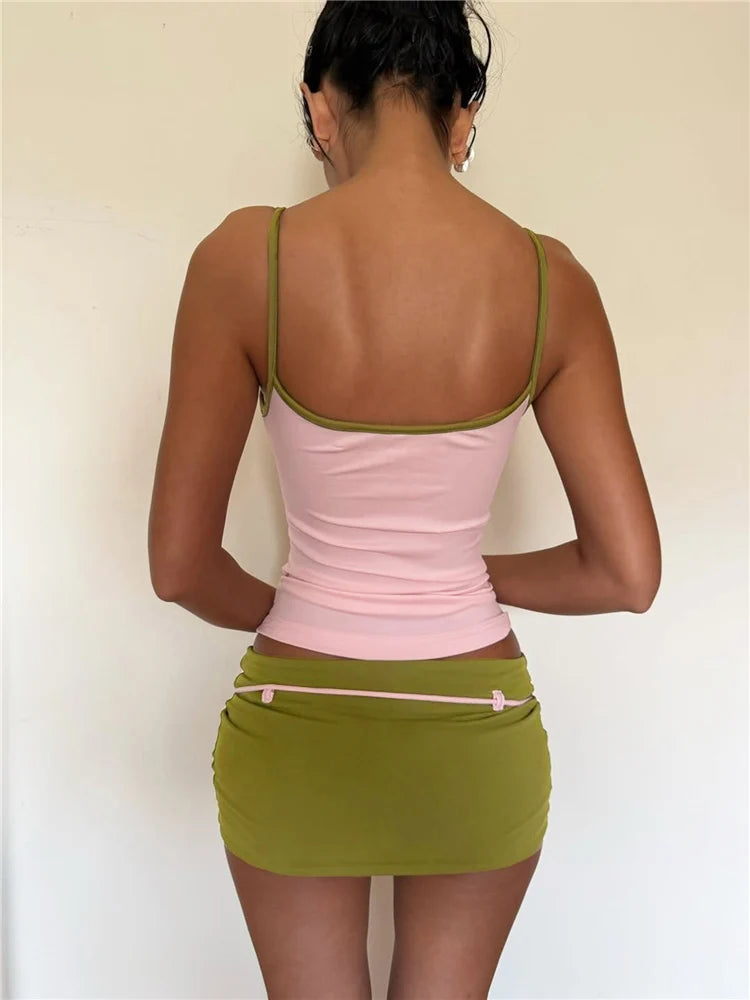 Patchwork Two Piece Set With Backless Camisole Top And Tassel Mini Skirt Y2K Vibe