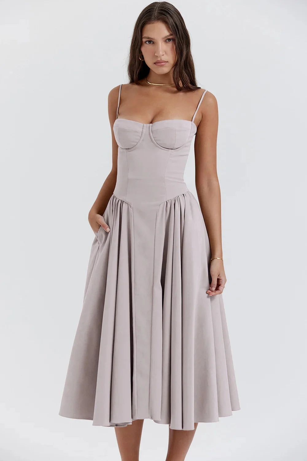 Backless Suspender Midi Dress Sleeveless A Line Style For Evening Wear