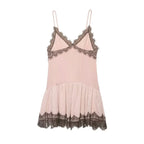 Pink Lace Trim Spaghetti Strap Mini Dress With V Neck Flirty Slip On