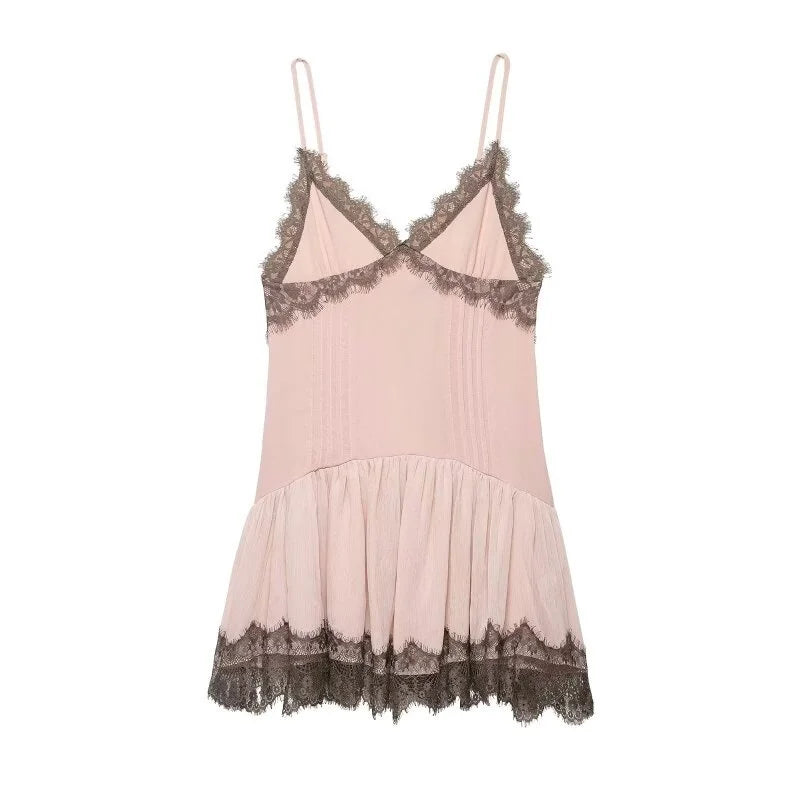 Pink Lace Trim Spaghetti Strap Mini Dress With V Neck Flirty Slip On