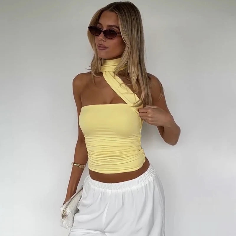 Elegant Halter Crop Top With Scarf Strap Ruched Slim Solid Design For Summer Streetwear