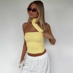 Elegant Halter Crop Top With Scarf Strap Ruched Slim Solid Design For Summer Streetwear