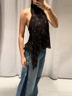 Polka Dot Off Shoulder Tank Top With Lace Up Bow Backless Sleeveless