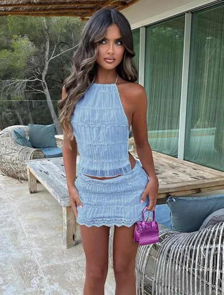 Halter Neck Backless two piece Pleated Skirt Set