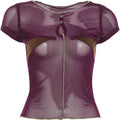 Sexy Mesh Patchwork Button o-Neck Mini Sleeve Top