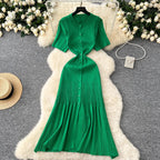 Vintage Inspired Turn Down Collar Knit Maxi Shirt Dress