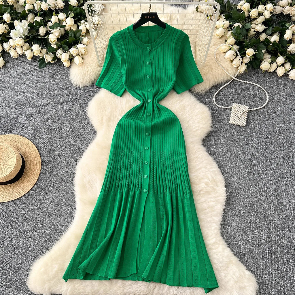 Vintage Inspired Turn Down Collar Knit Maxi Shirt Dress
