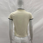 Ladies Blouse With Mandarin Collar Short Sleeve Crop Top Keyhole Frog Button Vintage Asymmetrical Design