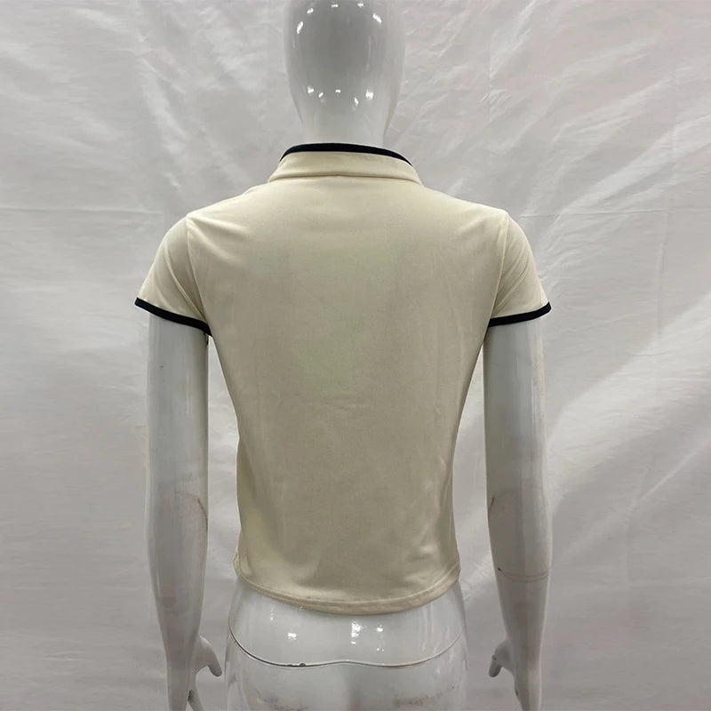 Ladies Blouse With Mandarin Collar Short Sleeve Crop Top Keyhole Frog Button Vintage Asymmetrical Design