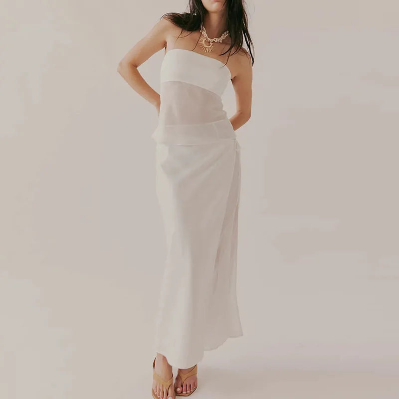 Strapless Hollow Out Top And Long Skirt Two Piece Set
