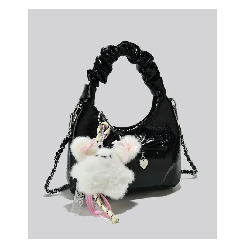 Cloudy Glamour Plush Pendant Shoulder Bag in Glossy Ruched Leather