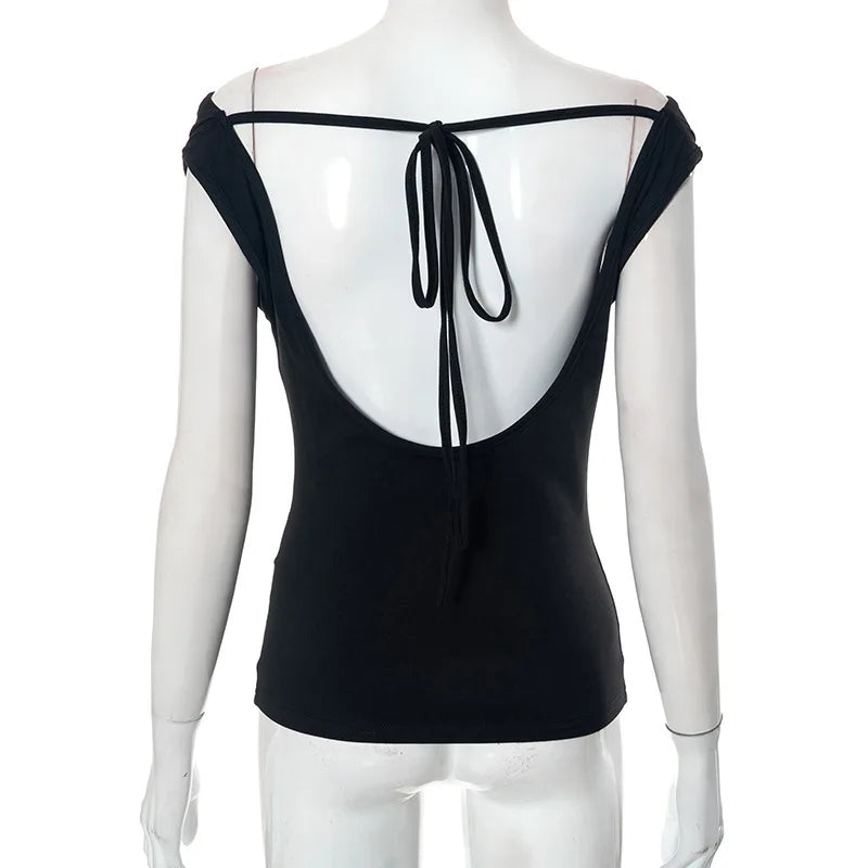 Women Sleeveless Swing Collar Backless Tie Back Ruched Top