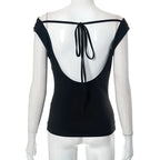 Women Sleeveless Swing Collar Backless Tie Back Ruched Top