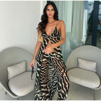Zebra Print Sheer Chiffon Set With V Neck Tank And Wide Leg Pants