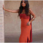 Orange Color Blocking Scarf Collar Maxi Dress For Lady Sleek Cinched Waist Bodycon Silhouette