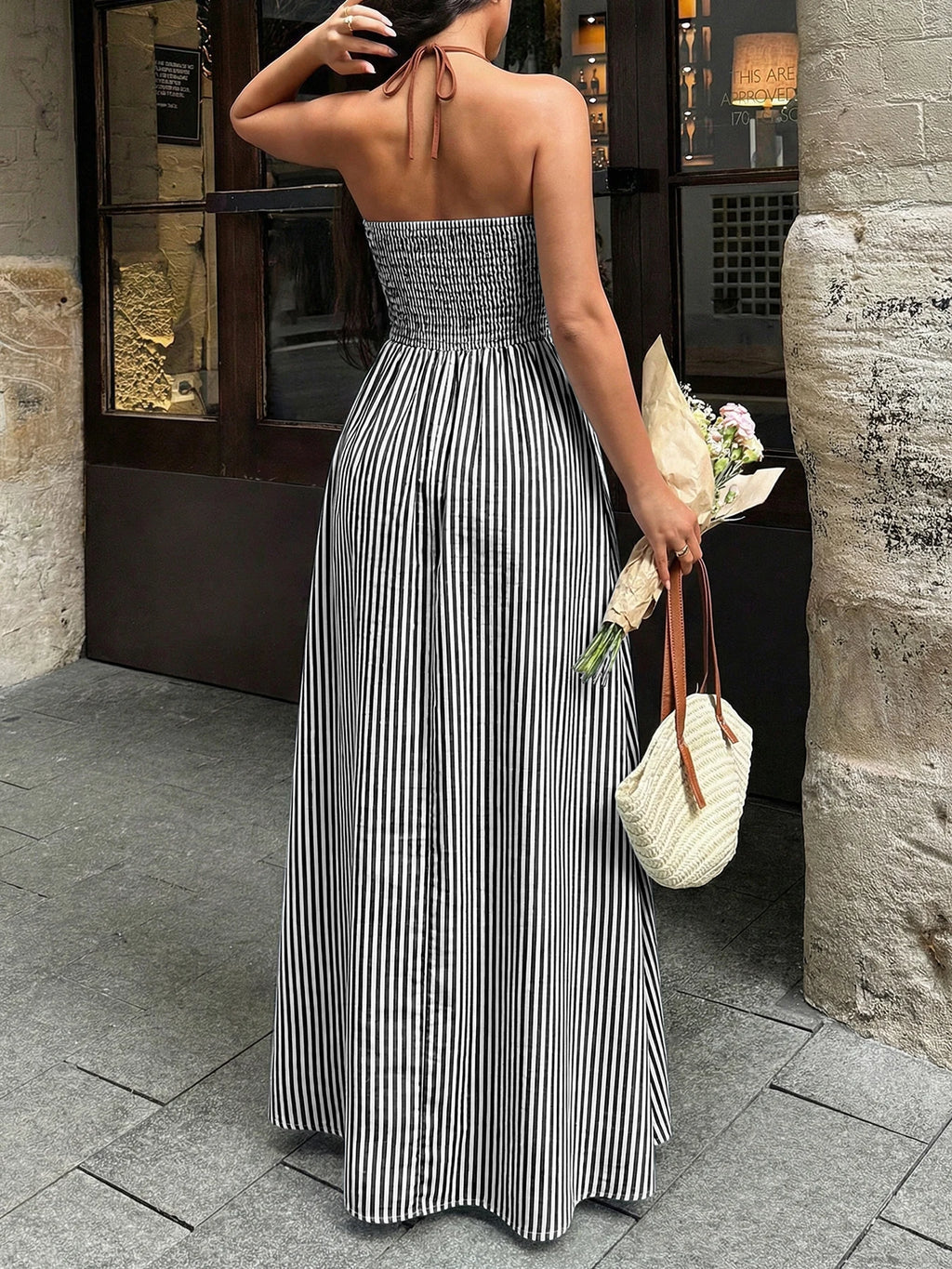 Sea Breeze Striped Deep V Beach Dress With Backless Sleeveless Maxi