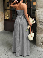 Sea Breeze Striped Deep V Beach Dress With Backless Sleeveless Maxi