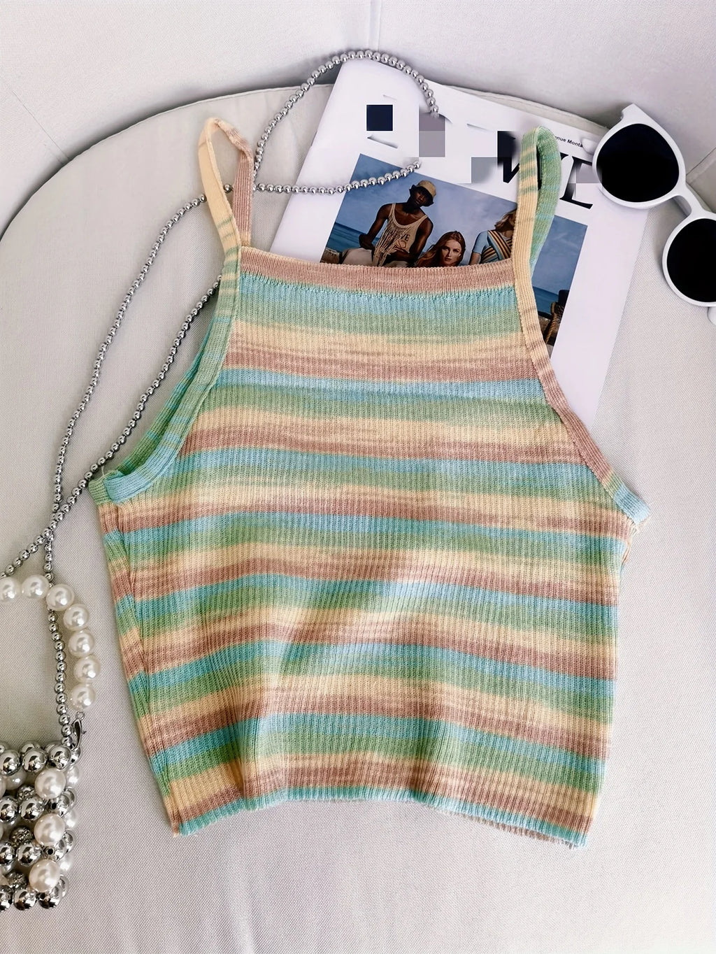 Striped Ribbed Knit Cami Top With Square Neck Sleeveless Rainbow Crop