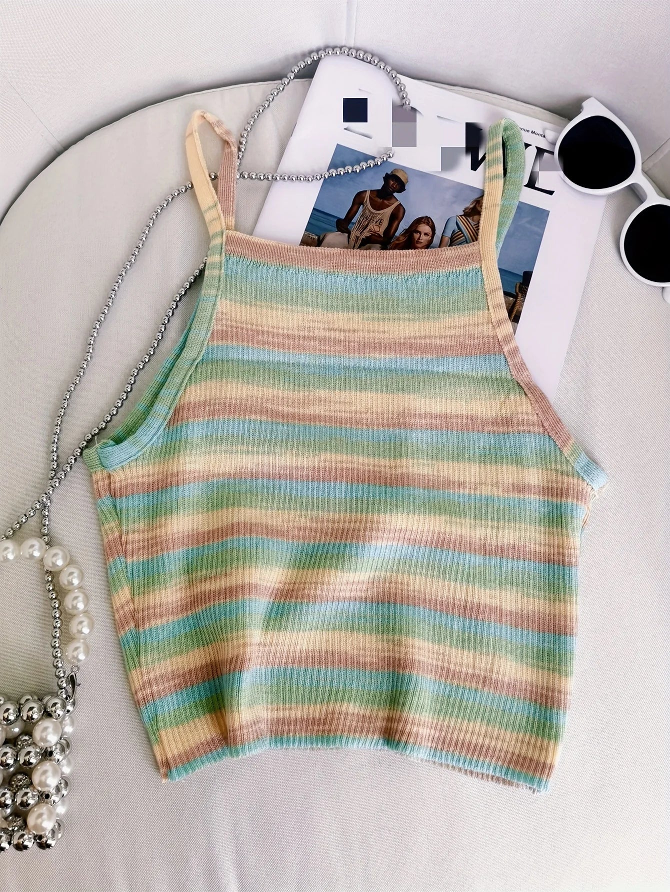 Striped Ribbed Knit Cami Top With Square Neck Sleeveless Rainbow Crop