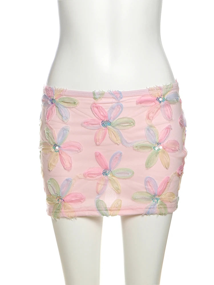 Colorful Floral Sequined Mesh Mini Skirt