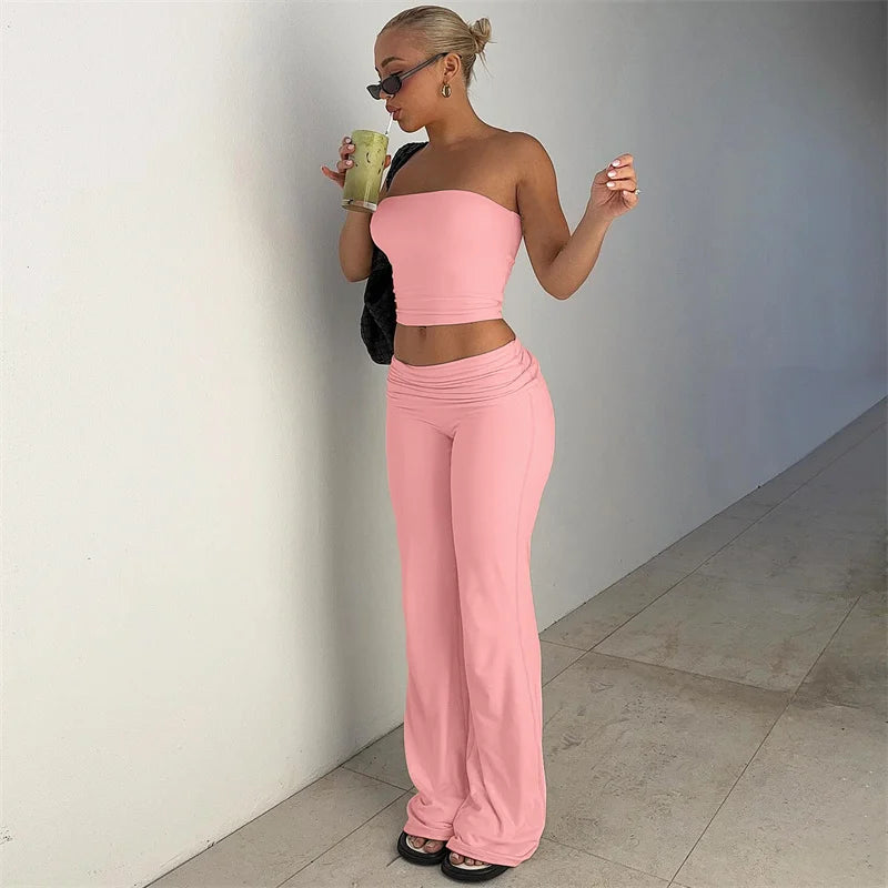 Strapless Crop Top And High Waist Ruched Flare Pants Set