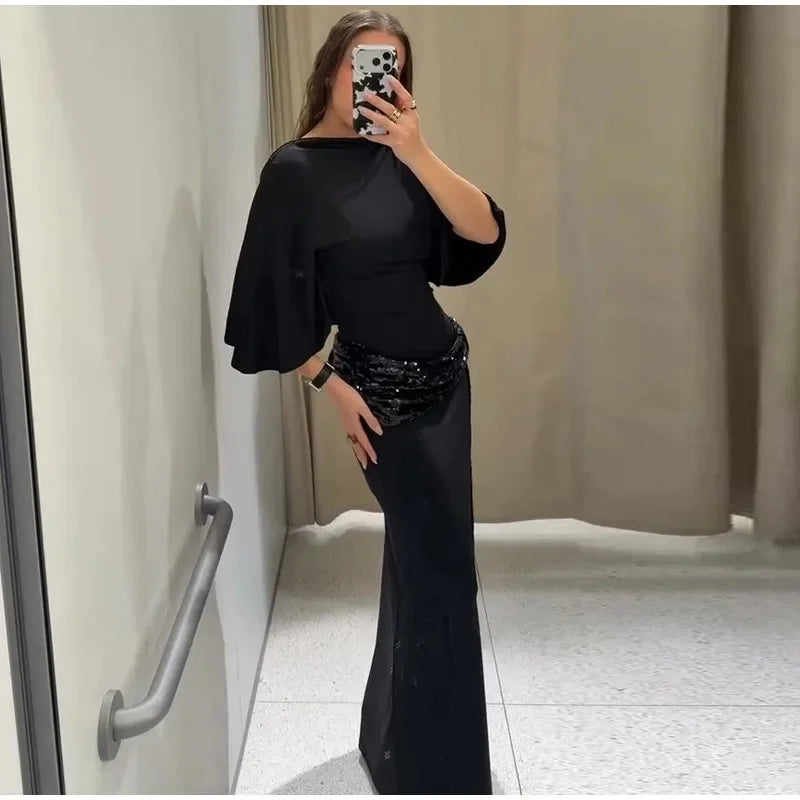 Backless Sequin Patchwork Maxi Dress With Wide Sleeves