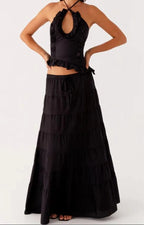 Halter Crop Two Piece Maxi Skirt Set With Ruffle Tiered Flowing Silhouette