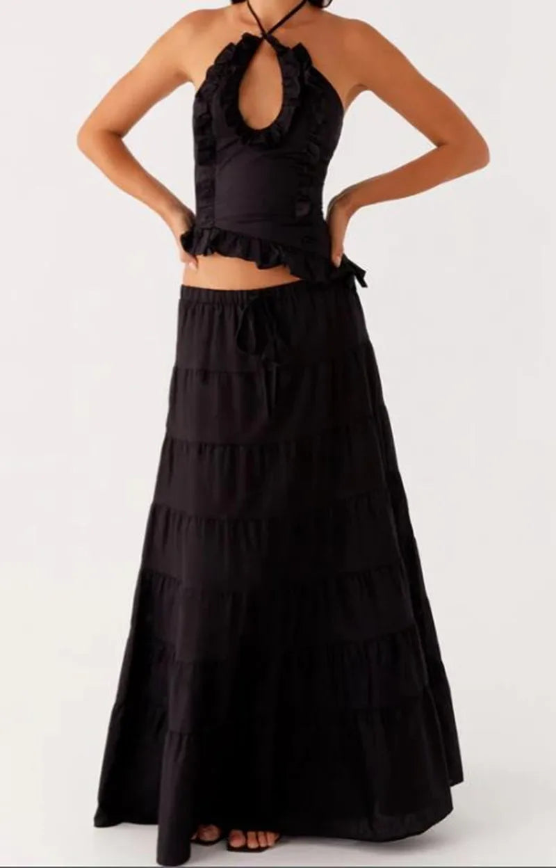 Halter Crop Two Piece Maxi Skirt Set With Ruffle Tiered Flowing Silhouette