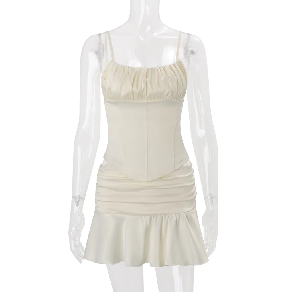 Two Piece Set Slim Top And Pleated Skirt With Ruffles