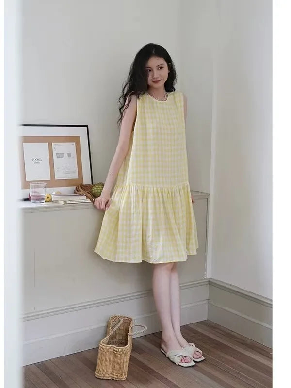 Sunny Plaid Cotton Dress Sleeveless Round Neck Vacation Dress