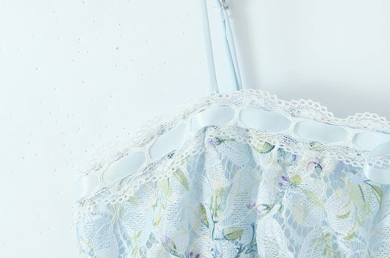Sweet Floral Print Lace Patchwork Mini Sexy Slim Backless Strap Short Dress