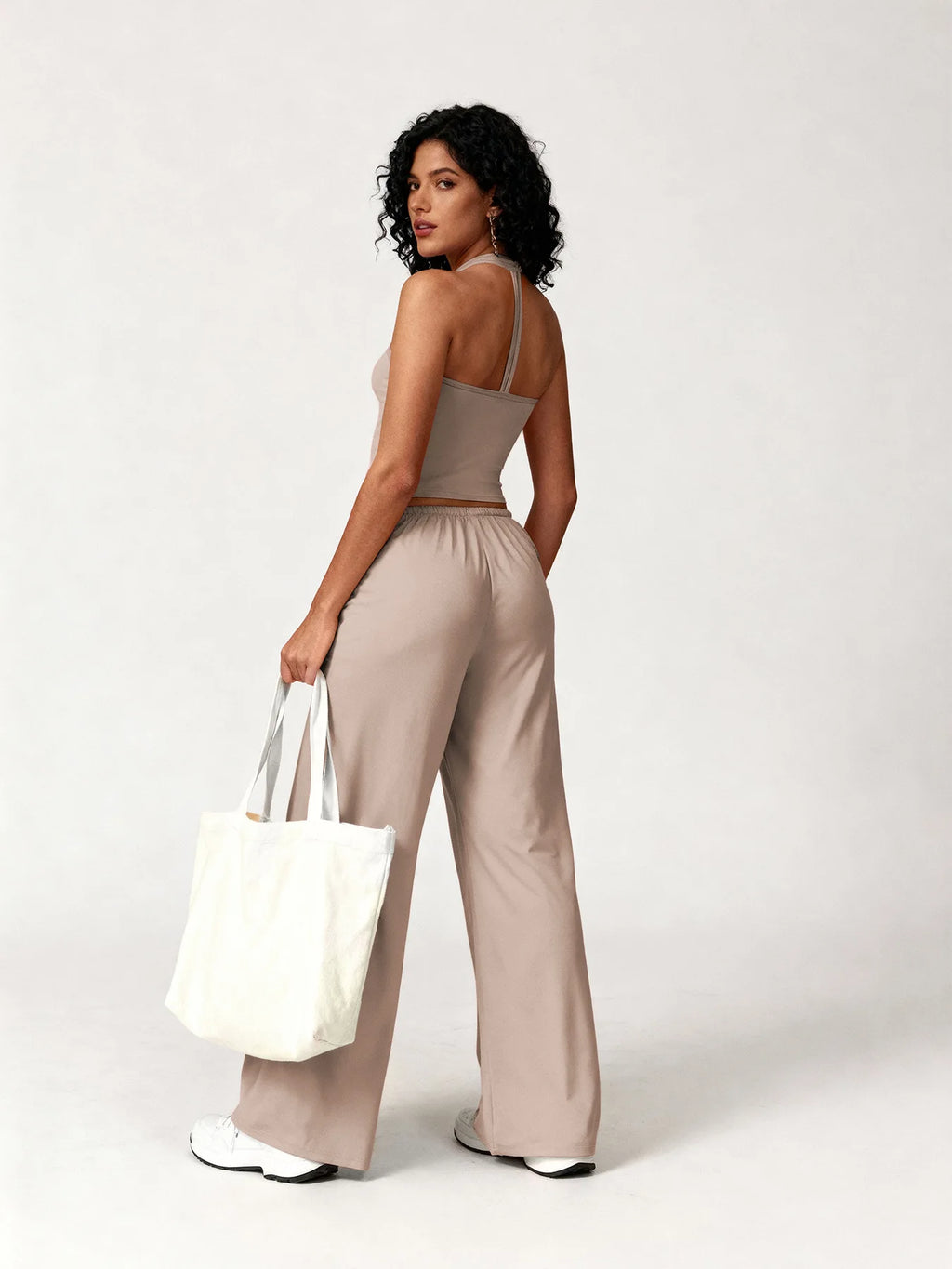 Two Piece Set With Sleek V Neck Tank Backless Detail And Wide Leg Pants