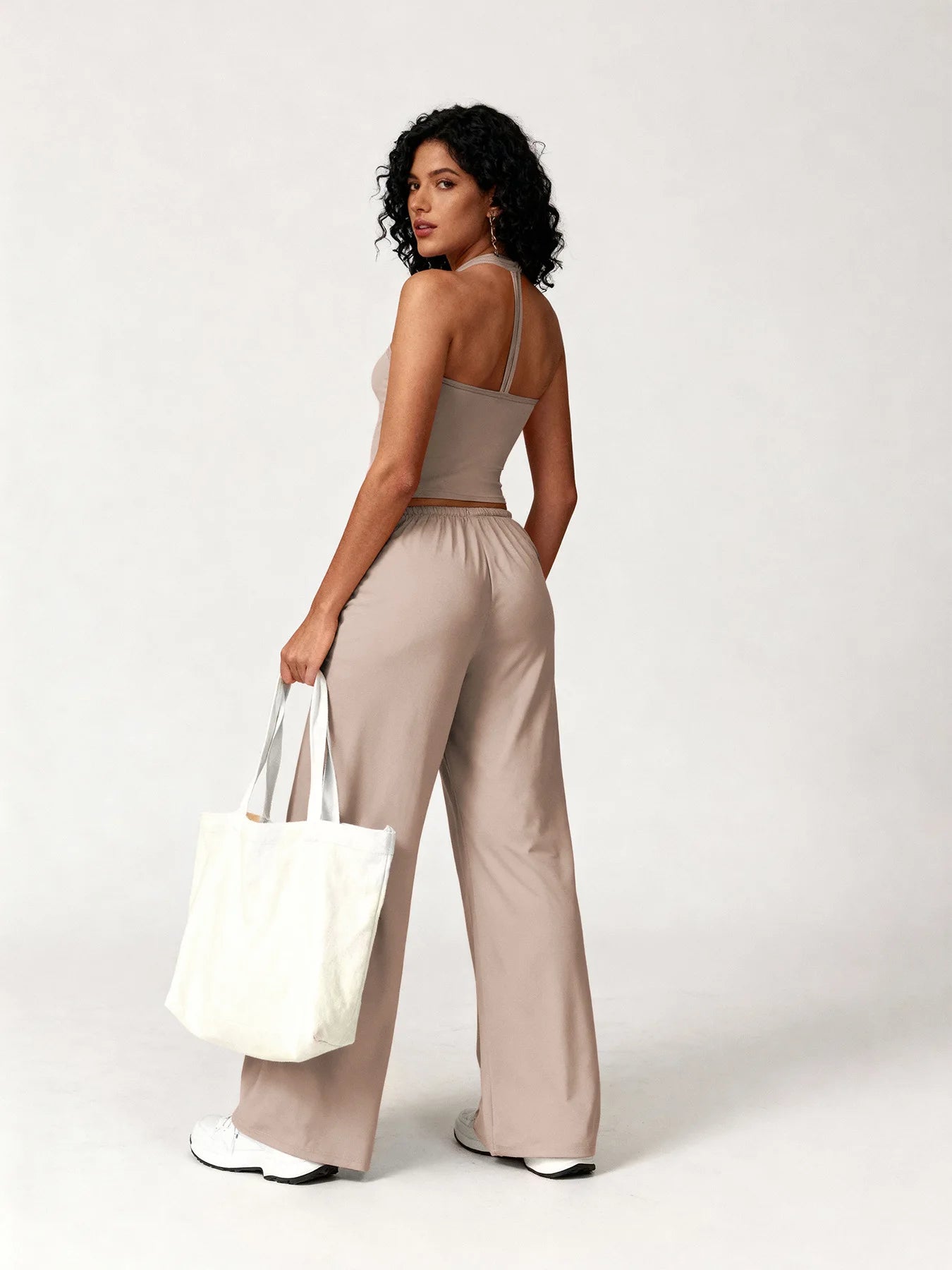 Two Piece Set With Sleek V Neck Tank Backless Detail And Wide Leg Pants