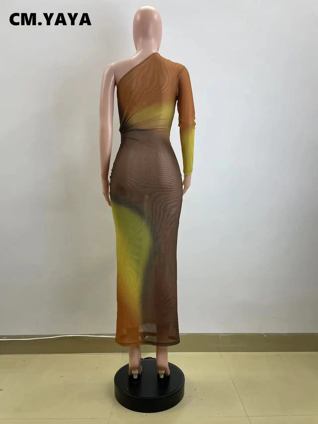 Long Maxi Dress With Skew Collar Full Sleeves Mesh See Through