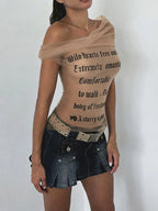 Midnight Letter Print Mesh Patchwork Top With Backless Design For Women Streetwear Mood