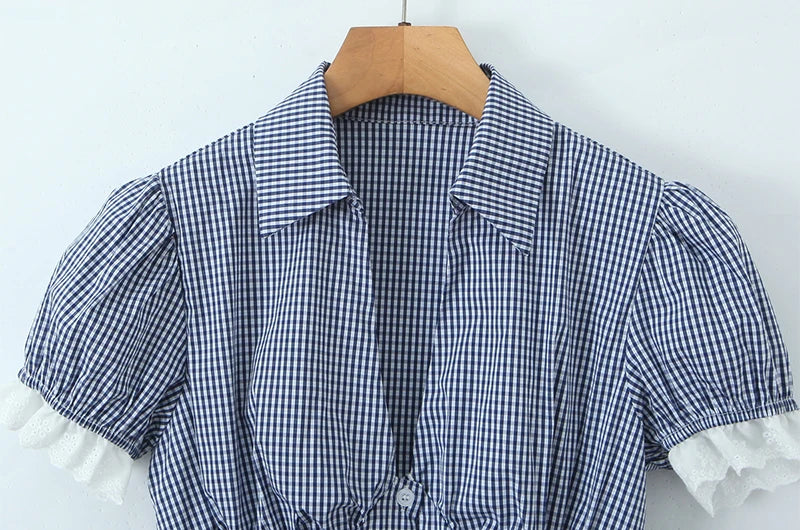 Vintage Lapel Collar Puff Sleeve Lace Patchwork Sweet Plaid Single Breasted Blouse