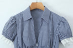 Vintage Lapel Collar Puff Sleeve Lace Patchwork Sweet Plaid Single Breasted Blouse