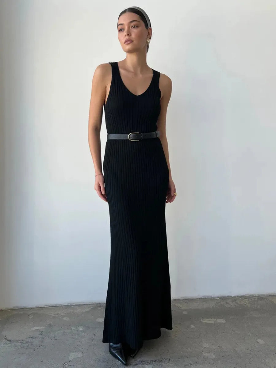 Sleeveless Knitted Dress With Wide Shoulder Straps Inner Long Skirt