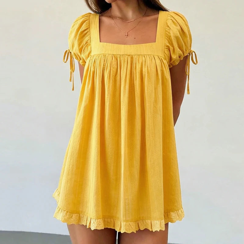 Vintage Puff Sleeve Women Square Neck A-line Mini Ruffled Fairy Flowy Short Dress