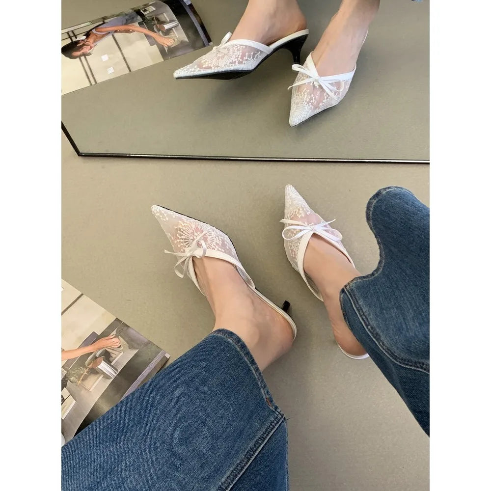 Butterfly Knot Pointed Toe Mules Breathable Mesh